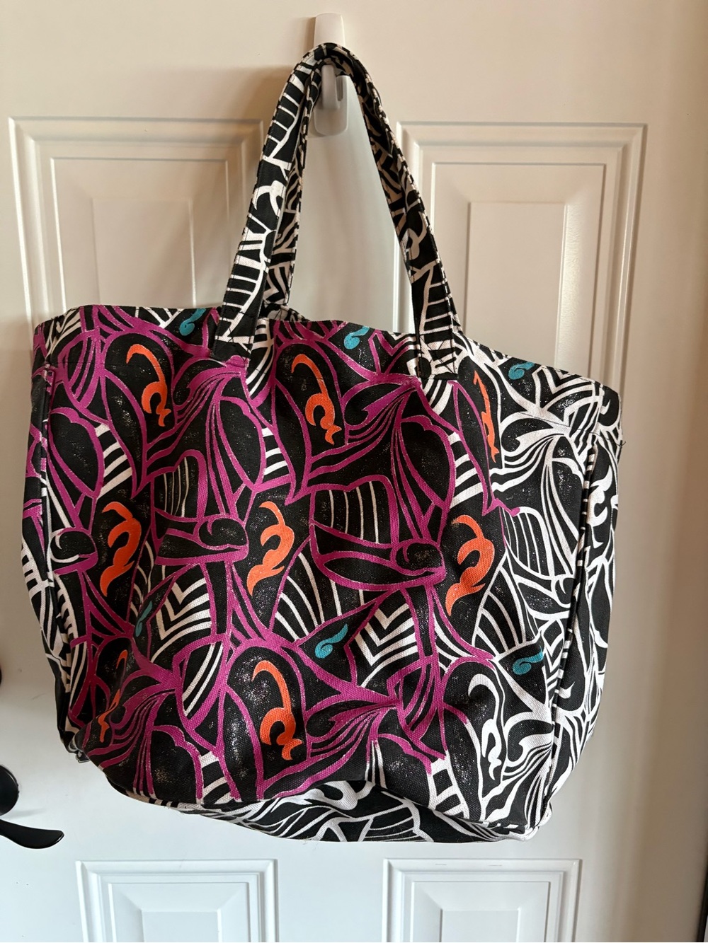 Large Abstract Print Tote Bag Black Purple Orange Shoulder Beach Travel Shopper